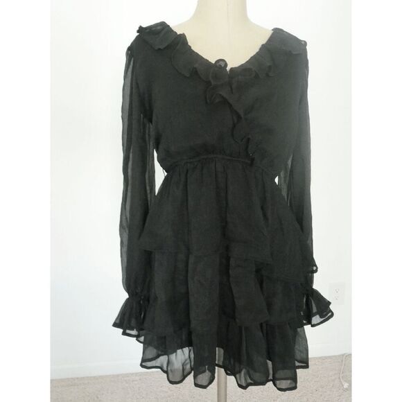 NWT By the River Women's Black Asymmetrical Tiered Surplice A-Line Dress S - Picture 2 of 10